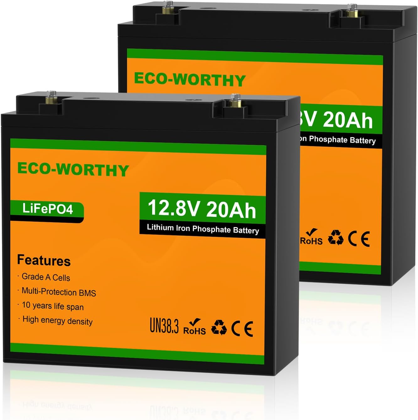 ECO-WORTHY 2 Pack 12V 20Ah Lithium Battery, 3000+ Deep Cycle Rechargeable LiFePO4 Lithium Ion Phosphate Battery with BMS for Fish Finder, Outdoor Camping and Ham Radio