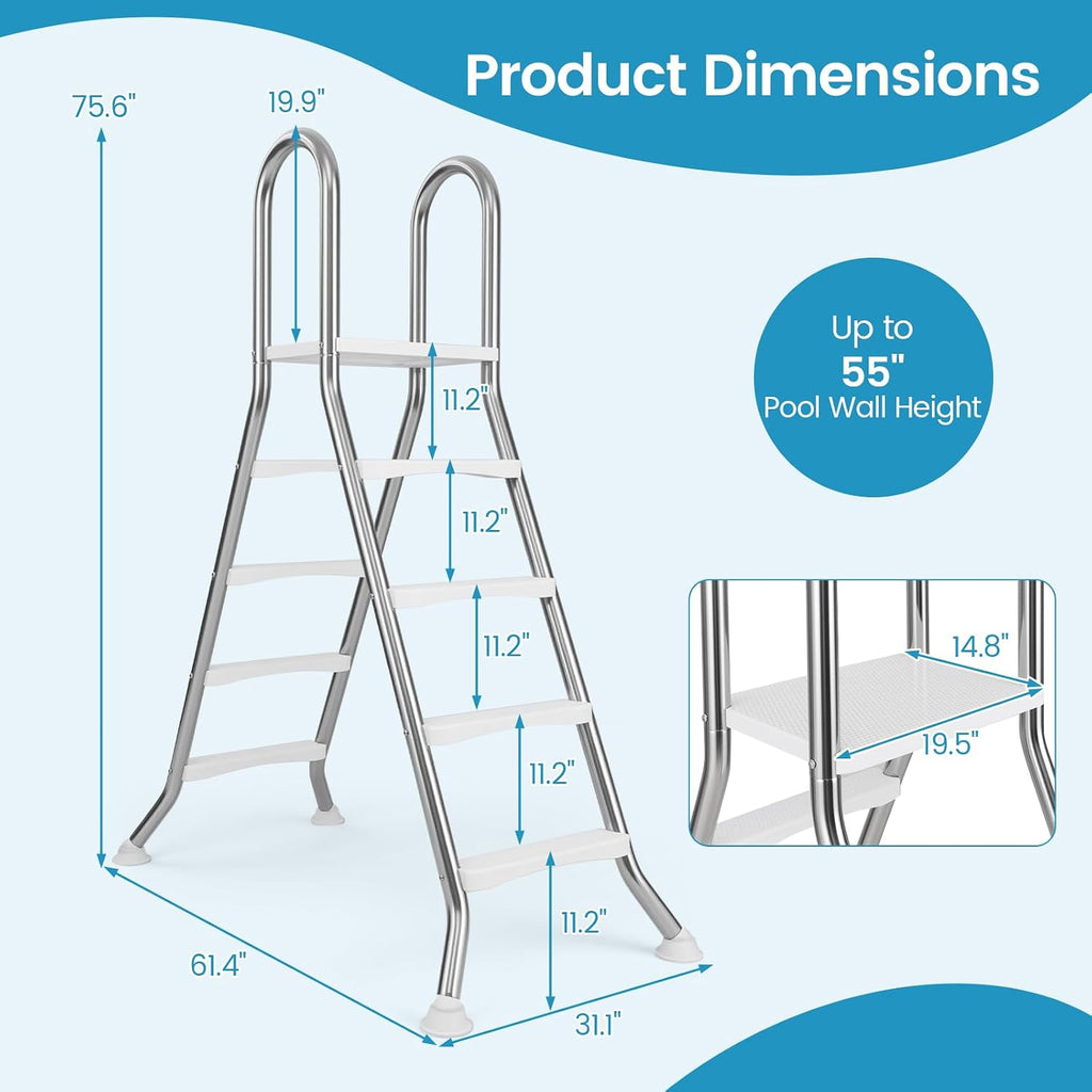 Goplus 4-Step Steel Frame Above Ground Swimming Pool Ladder for 55' Pool Wall Heights, Double-Sided Entry & Exit Ladder w/Non-Slip Steps, Top Platform, Rotating Foot Pads