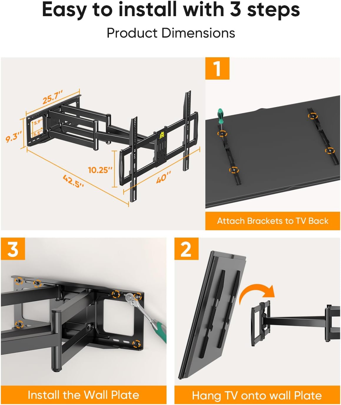 FORGING MOUNT Heavy Duty XXL Full Motion TV Wall Mount for 55-120 inch Extra Large TVs 98' 100',Holds 275 lbs, Max VESA 900x600, 42.9' Extension Long Arm TV Mount Swivel,Tilt,Preassembled,16-24' Studs