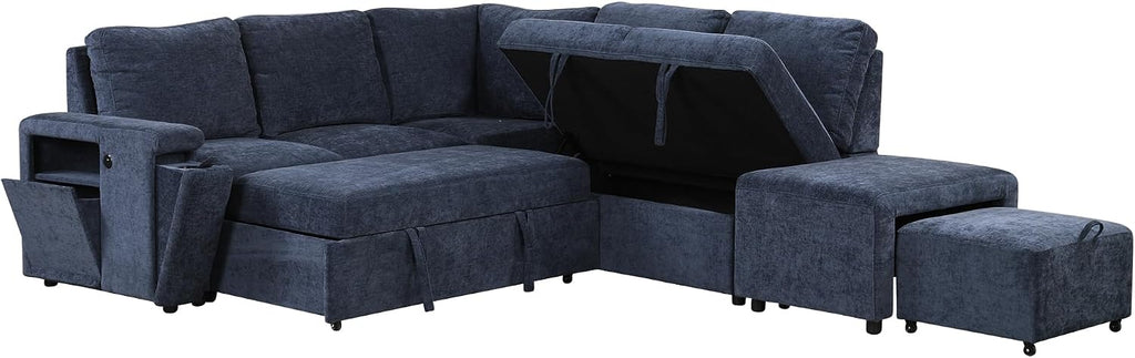 LUMISOL 90' Convertible Sleeper Sofa Bed with Pull-Out Bed & Ottoman, L-Shaped Sectional Sofa Bed with USB Ports, Cup Holders & Storage, Corner Sofa Couch with Storage Chaise for Living Room, Blue