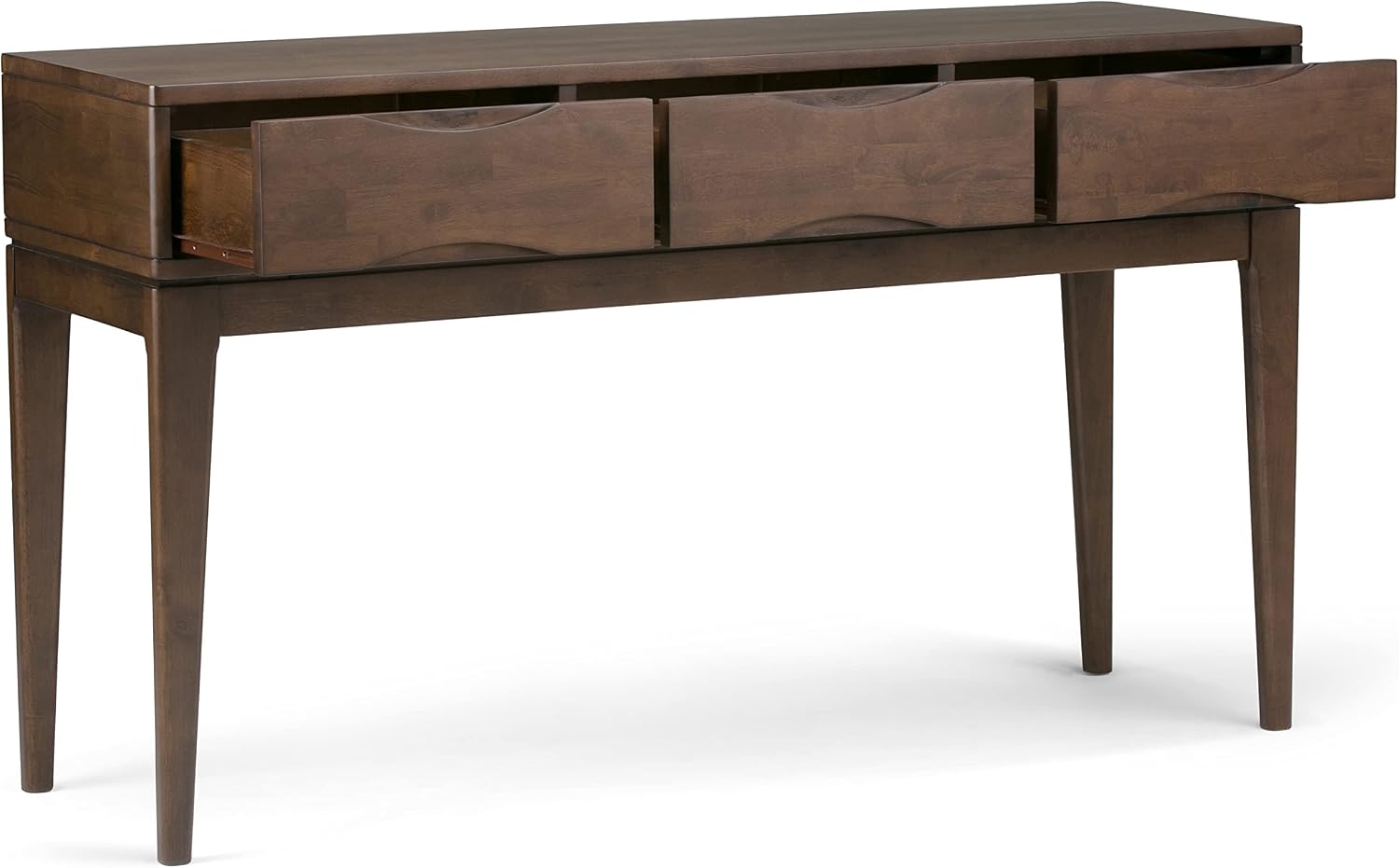 SIMPLIHOME Harper Console Table - 54 Inch Wide Solid Hardwood Sofa Table in Walnut Brown, Mid-Century Modern Storage Table for Entryway or Living Room with 3 Drawers, Notched Handles, and Tapered Legs