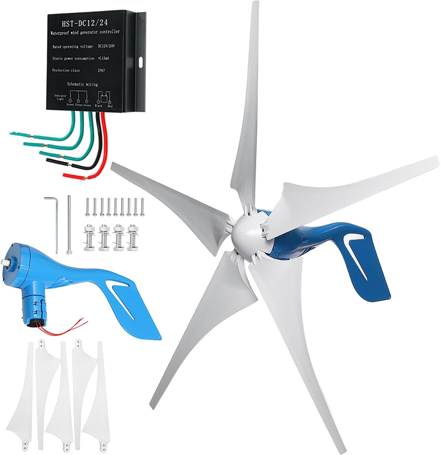 1000W / 1200W Wind Turbine Generator Kit 12V / 24V / 48V Wind Power Generator with 5 Blades and Controller, Pure Copper Coil Windmill Generator for Home, Hybrid Solar Wind System,1200w,12V
