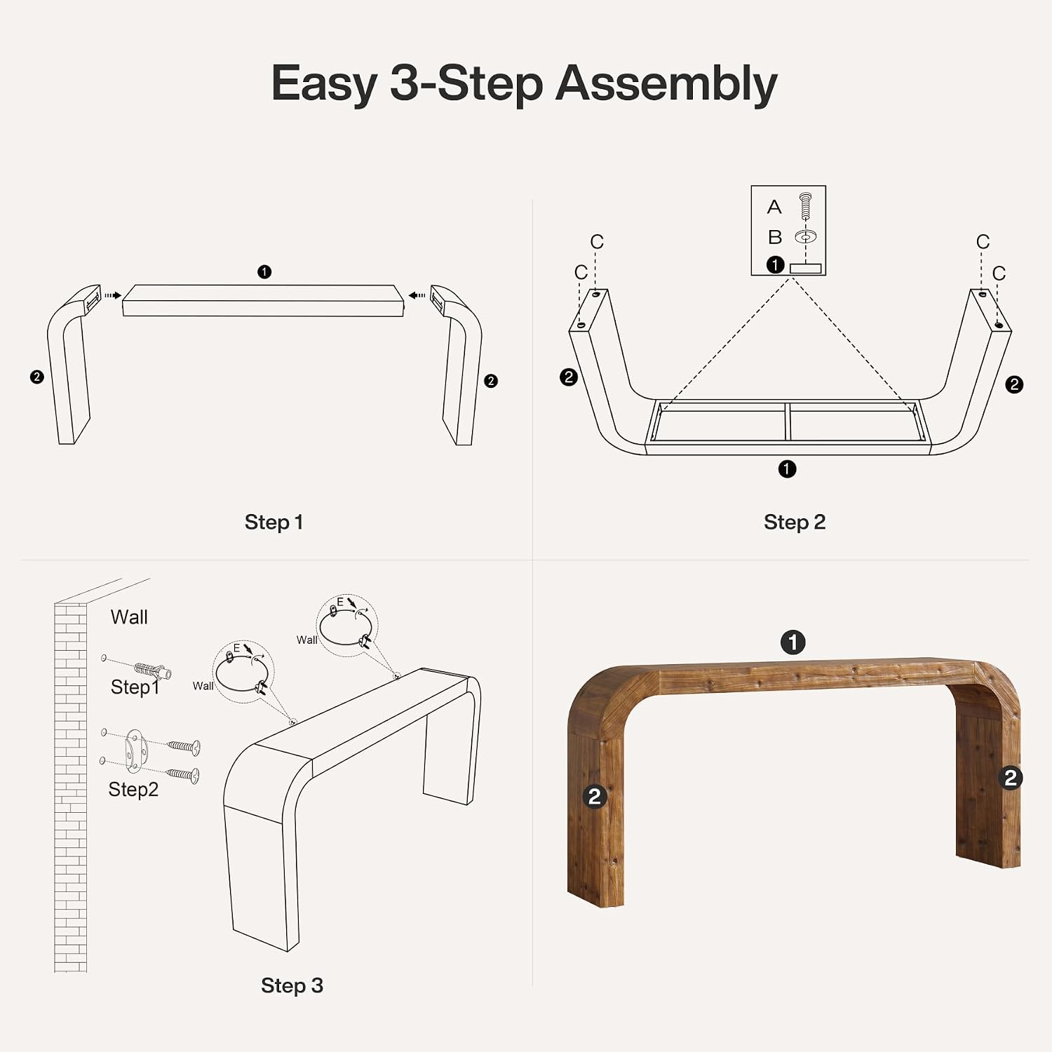 Solid Wood Console Table, 70.87-Inch Farmhouse Sofa Table with Waterfall Curved Corners for Hallway, Living Room, Behind Couch, Entrance (Natural Wood)