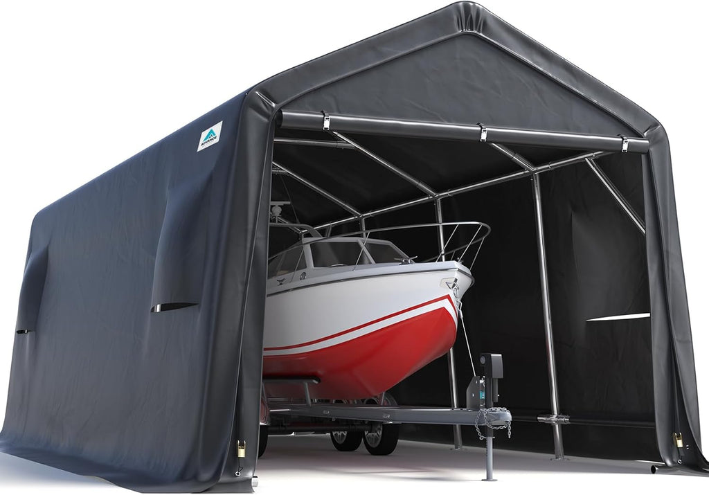 ADVANCE OUTDOOR 10X15 ft Garage Shelter Steel Metal Peak Roof Portable Storage Shed Carport for Motorcycle Boat, or Garden Tools with 2 Roll up Doors & Vents, Gray