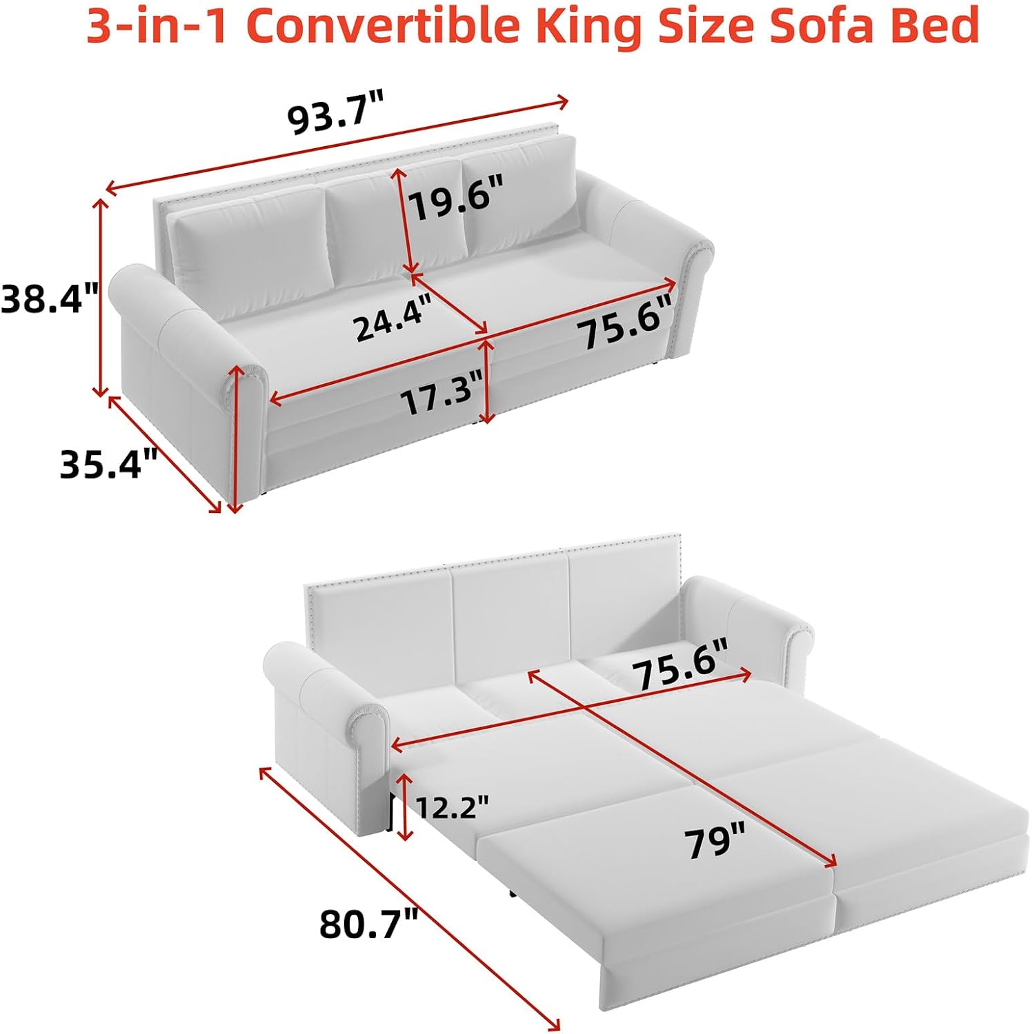 3 in 1 Convertible Sleeper Sofa Bed, 93.7' King Size Sofa Sleeper with Pull Out Bed, Velvet Folding Loveseat Sofa 3-Seater with Deep Seat, Nailhead Trim & Rolled Arm for Living Room (Green)