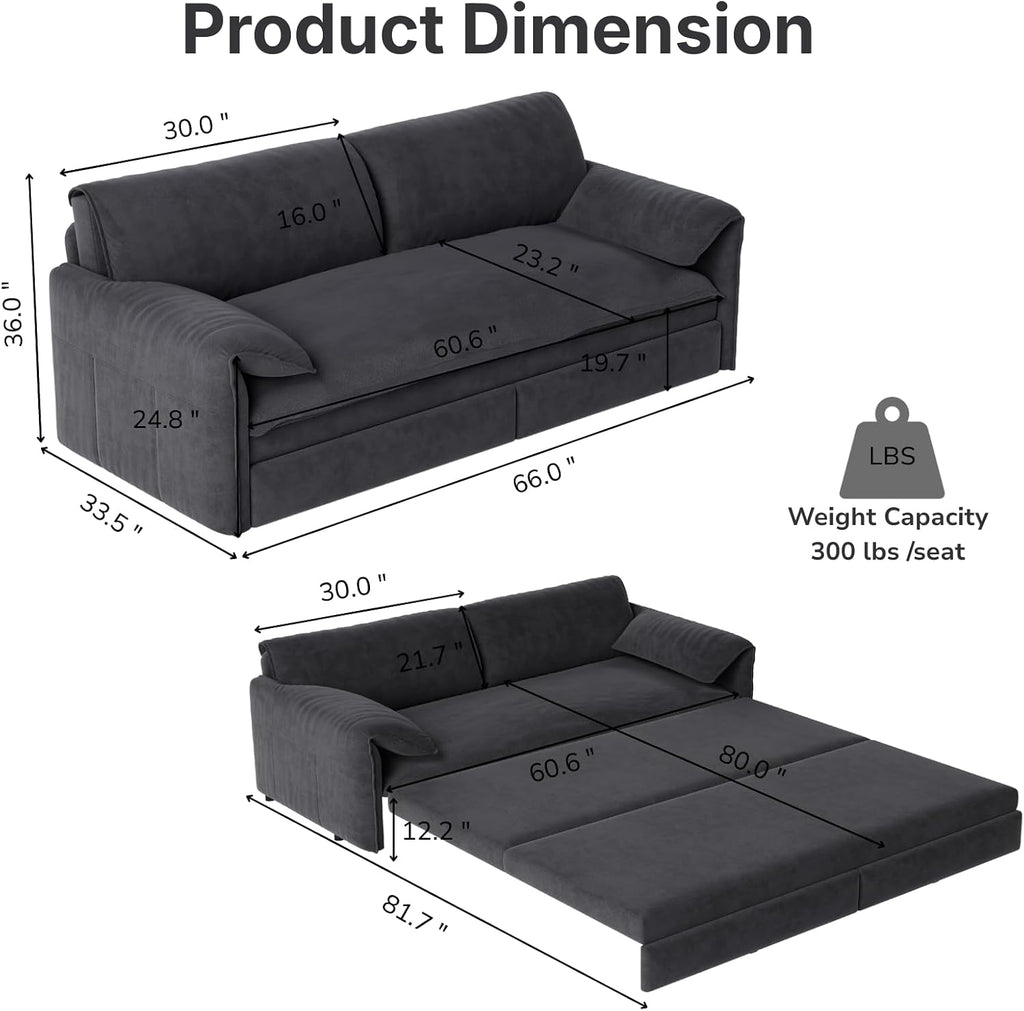 66' Convertible Pull-Out Couch Bed, Velvet 3-in-1 Queen-Size Sleeper Sofa with Storage Side Pockets, Sleeper Loveseat for Apartments, Living Rooms, Offices, RV