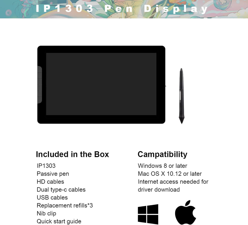 13.3 Inch Drawing Tablet with Screen, Full-Laminated Anti-Glare Graphics Drawing Monitor, 122% sRGB, 8192 Pressure Stylus Pen, Compatible with Windows/Mac Major Design Software