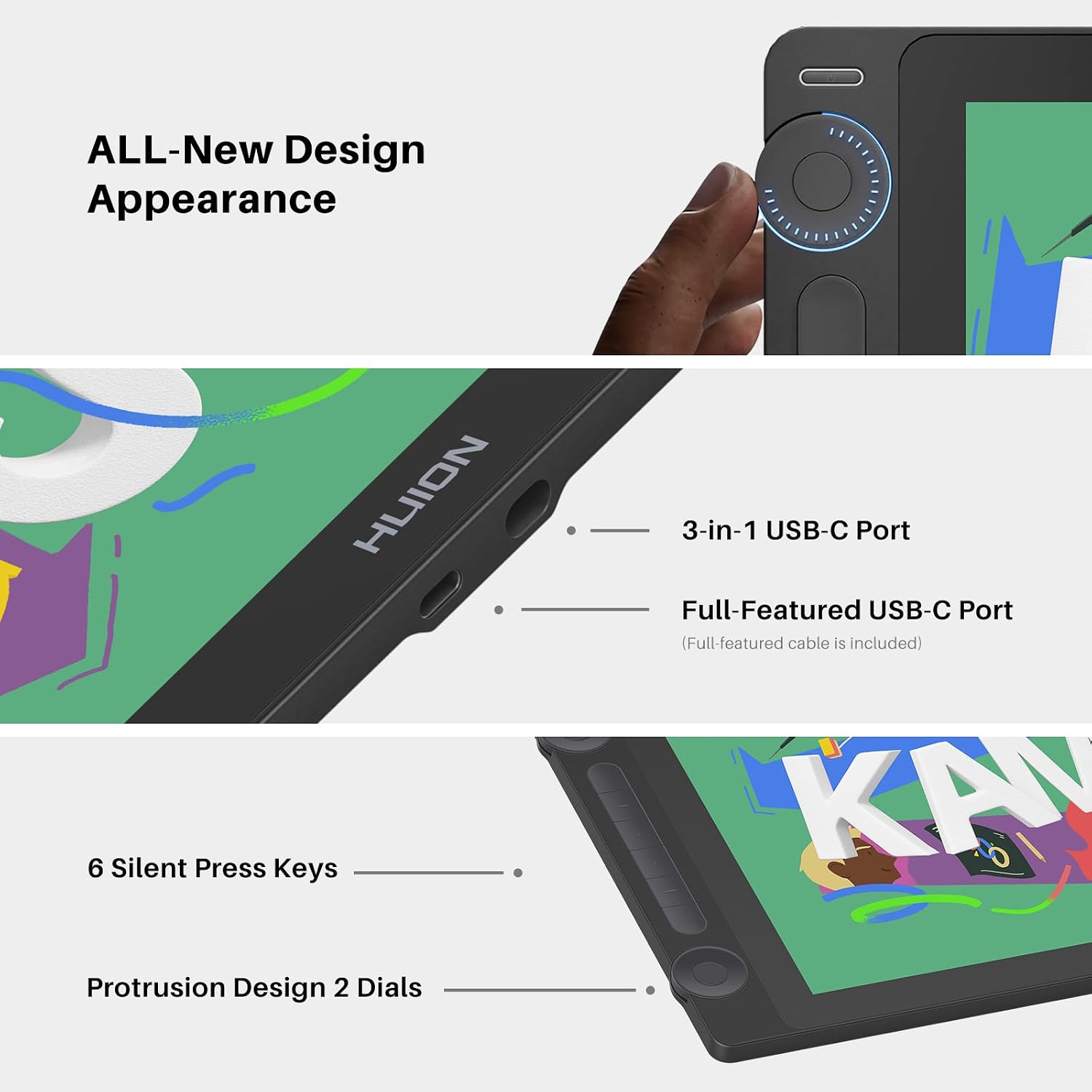 HUION KAMVAS 16 (Gen 3) Drawing Tablet with Screen, 15.8 inch 2.5K QHD Art Tablet with Full Laminated Anti-Sparkle Glass, 99% sRGB, PenTech 4.0, 16384 Pen Pressure, Dual Dials for Mac, PC, Android