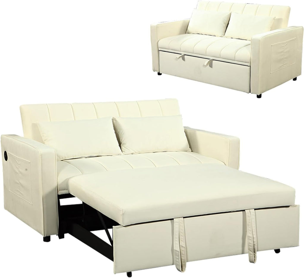 63.8' Queen Sleeper Sofa Bed,3-in-1 Convertible Sofa Bed with Phone Holder,USB Port,Velvet Pull Out Bed with Side Storage,Recliner Loveseat Sofa for Living Room,Small Space (Off-White)