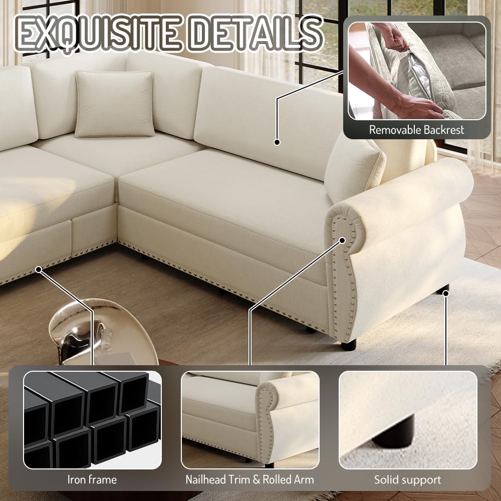 88.2'' Pull Out Couch Bed King, L Shaped Convertible Sleeper Sofa, 4-seater Couches with Rivet Armrests, 3 Pillows, Chenille Upholstery, Futon Sofa Bed for Living Room, Apartment, Office, Beige