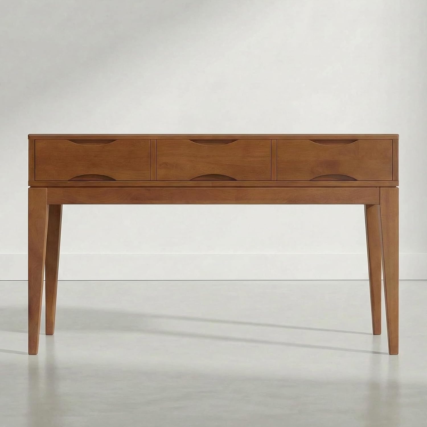 SIMPLIHOME Harper Console Table - 54 Inch Wide Solid Wood Sofa Table in Tawny Brown Teak, Mid-Century Modern Storage Table for Entryway or Living Room with 3 Drawers, Notched Handles, and Tapered Legs