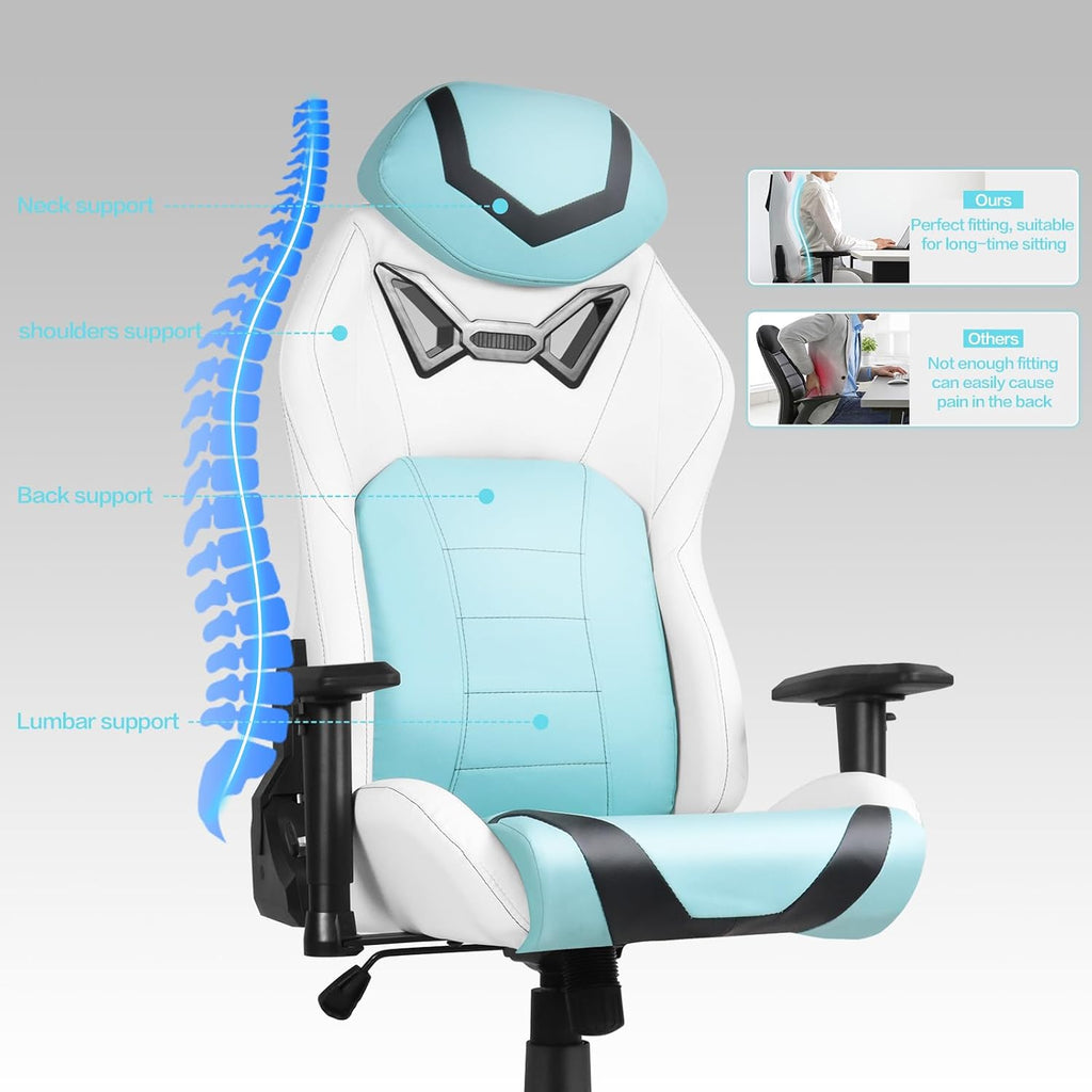 Modern-Depo Ergonomic Gaming Chairs for Adults with High-Density Memory Foam | Swivel Comfortable Office Chair, Big and Tall Video Game Chair, High Back Computer Chair for Home, Office, Cyan White