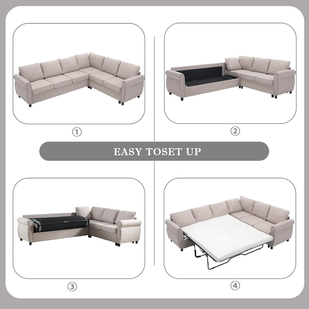 104'' Sleeper Sofa Bed Queen, L Shaped Sectional Sofa with Pull Out Couch Bed, Queen Size 6 Seater Couch with Memory Foam Mattress, Sectional Couches for Living Room Furniture Set, Beige