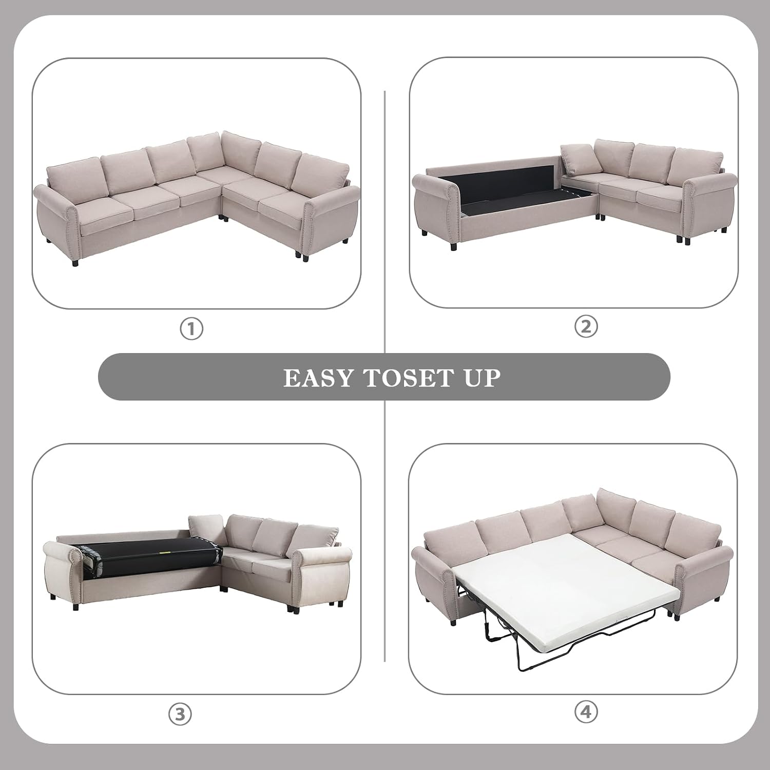 104'' Sleeper Sofa Bed Queen, L Shaped Sectional Sofa with Pull Out Couch Bed, Queen Size 6 Seater Couch with Memory Foam Mattress, Sectional Couches for Living Room Furniture Set, Beige