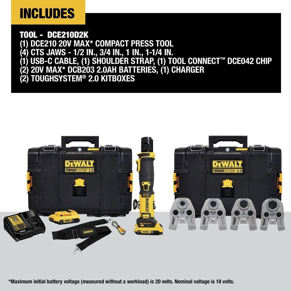 DEWALT 20V MAX Compact Press Tool Kit with CTS Jaws, 1/2-1-1/4 Inch, Cordless, 2 Batteries and Charger Included (DCE210D2K)