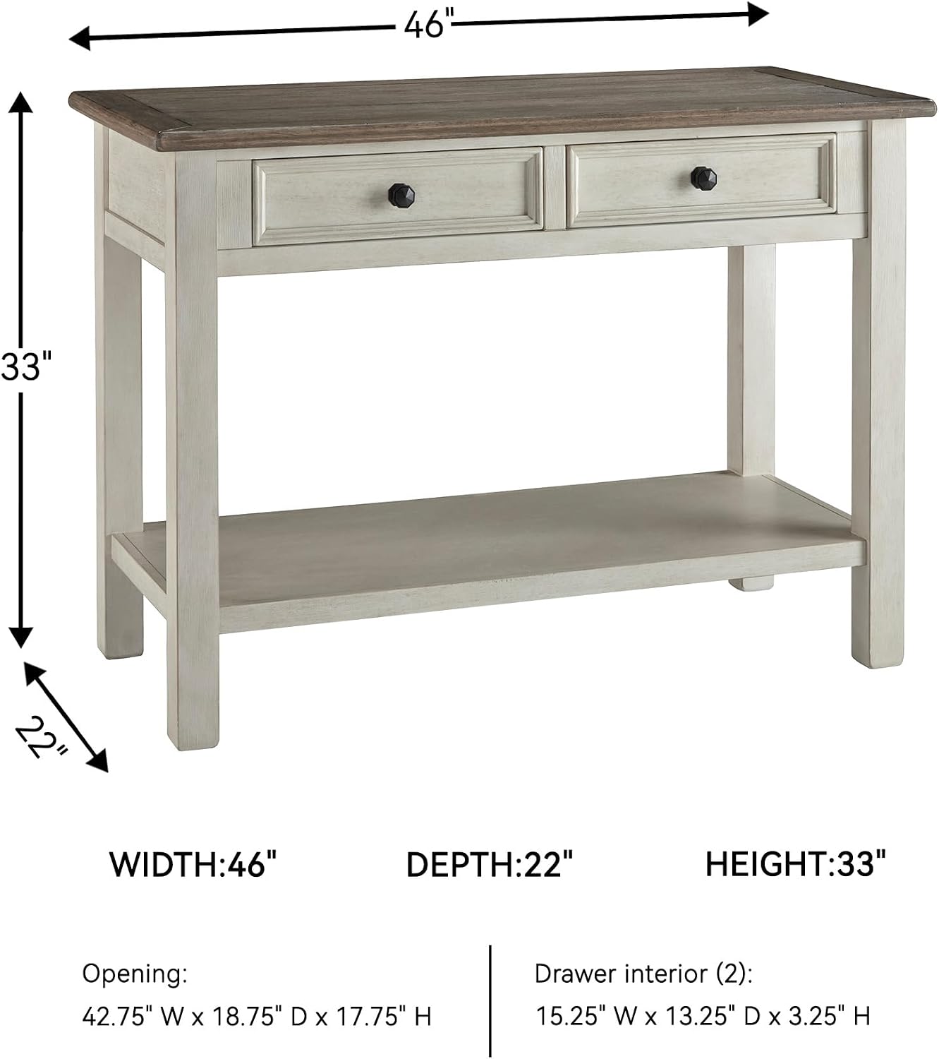 Signature Design by Ashley Bolanburg Sofa Table, Two‑Tone Wood Console With Drawers, Antique Finish With Metal Hardware, Ideal for Entryway or Living Room Display, Antique White