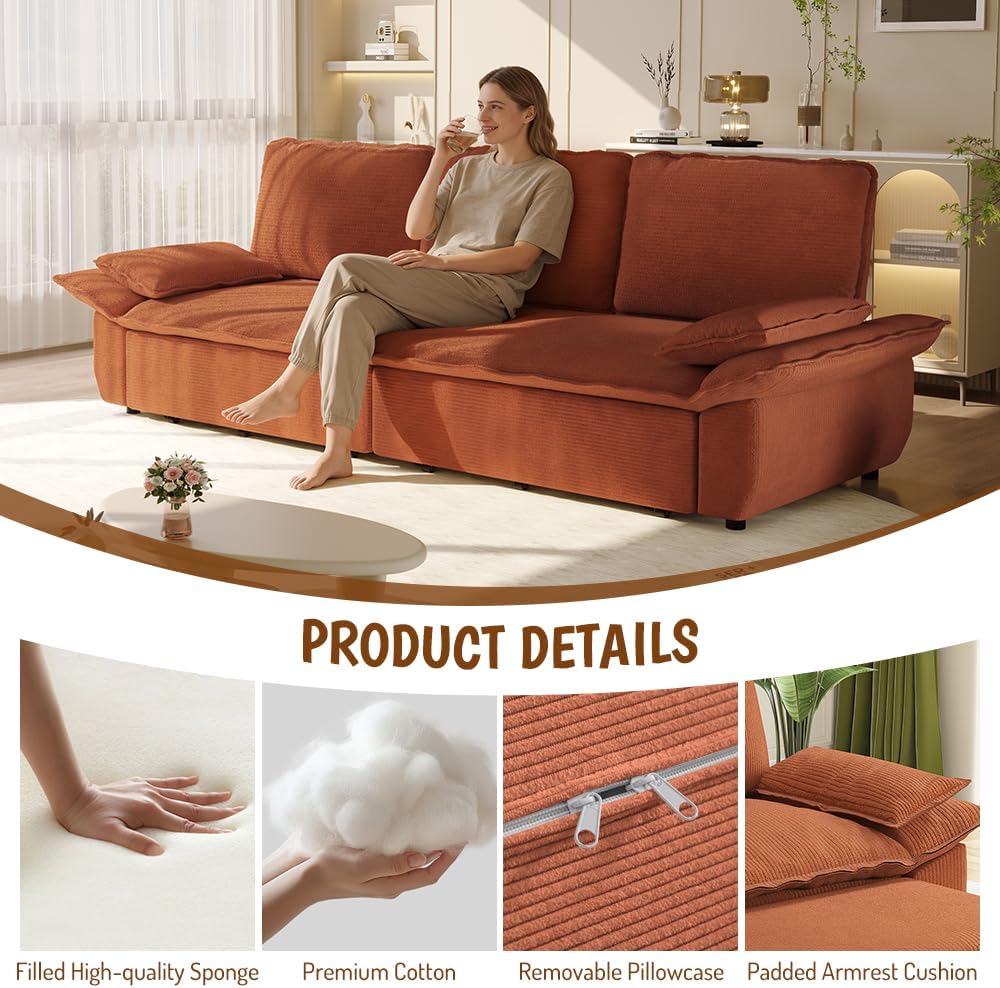 94.5' Pull Out Couch King Size, Futon Sofa Bed, 3-in-1 Convertible Sleeper Sofa Bed with Cushion Armrest, Modern Corduroy Loveseat Couches for Living Room, Small Space, Apartment, Orange