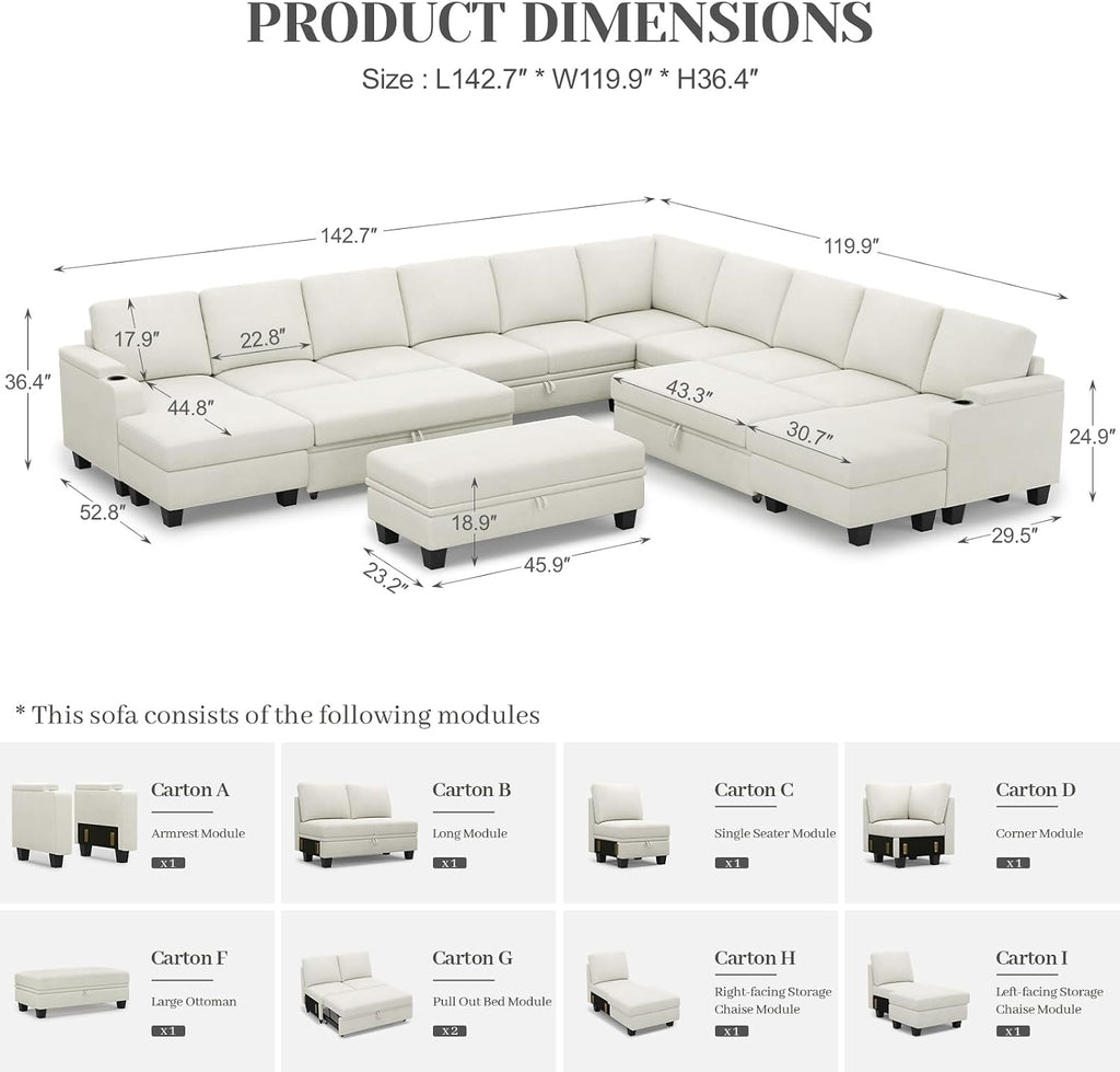 Belffin Oversized U Shaped Modular Sectional Sleeper Sofa with Large Ottoman Convertible Double Chaise Corner Couch with Pull Out Bed. White Sofa