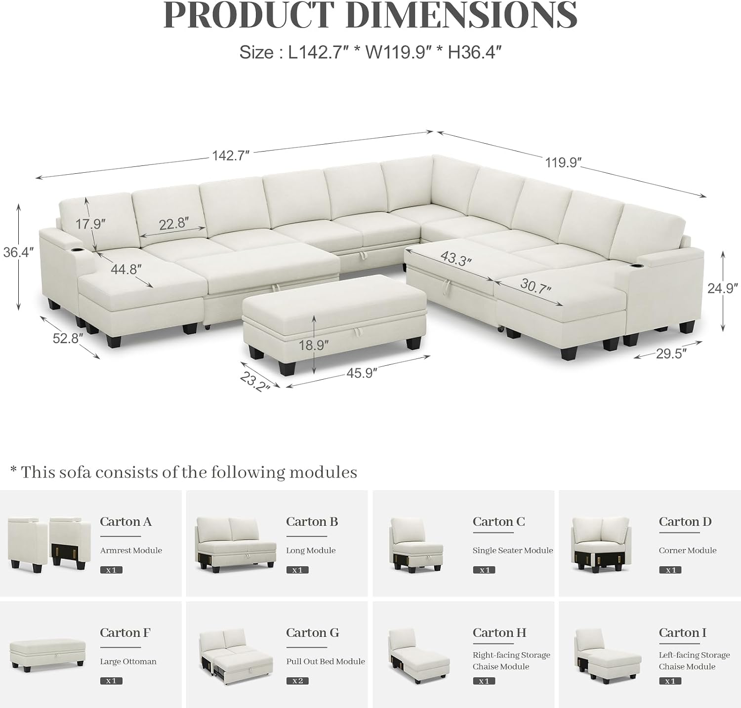 Belffin Oversized U Shaped Modular Sectional Sleeper Sofa with Large Ottoman Convertible Double Chaise Corner Couch with Pull Out Bed. White Sofa