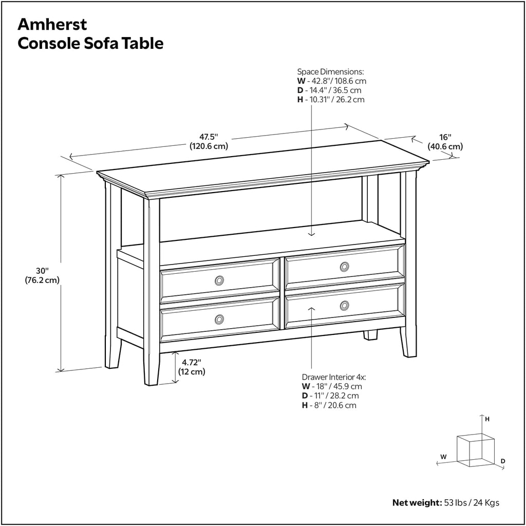SIMPLIHOME Amherst Console Table - 48 Inch Wide Solid Wood Sofa Table in Hickory Brown, Transitional Storage Table for Entryway or Living Room with 2 Deep Drawers and Large Open Shelf