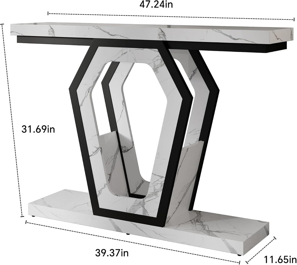 FUSUNBAO 47.3' Console Table,Openwork Bracket Sofa Table, Wood Narrow Entryway Table for Hallway, Behind The Couch, Living Room, Foyer, Easy Assembly（White Marble Texture）