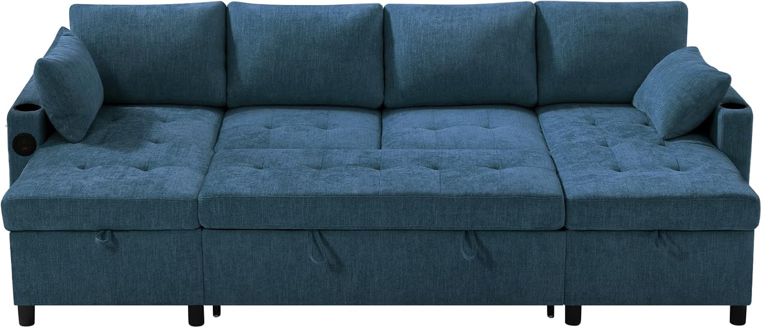 110' Sectional Pull Out Sofa Bed with Adjustable Backrests, U-Shaped Sleeper Sofa with USB Ports, Upholstered Reversible Couch with Cup Holder & Storage Space for Living Room, House, Blue