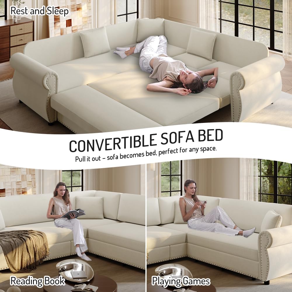 88.2'' Pull Out Couch Bed King, L Shaped Convertible Sleeper Sofa, 4-seater Couches with Rivet Armrests, 3 Pillows, Chenille Upholstery, Futon Sofa Bed for Living Room, Apartment, Office, Beige