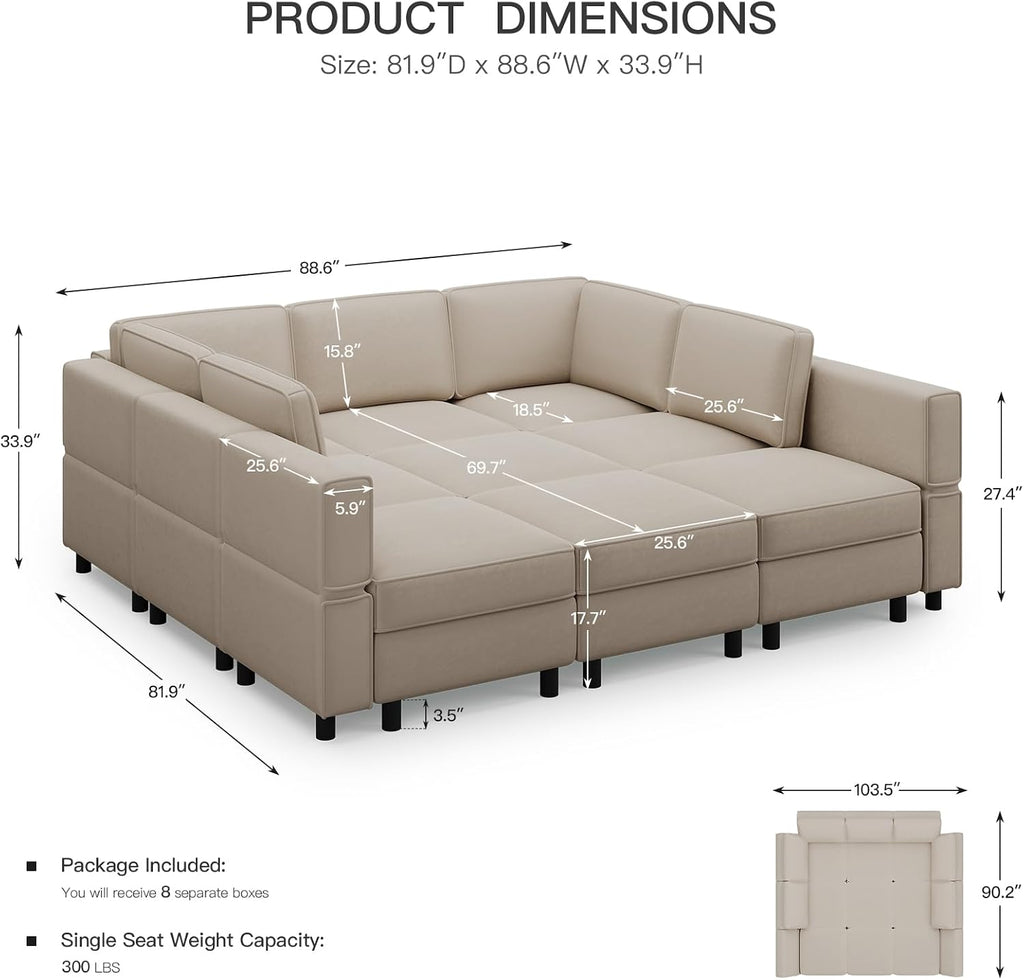 Belffin 88.6' 9 Seat Modular Sectional Sofa,Comfy Couch with Deep Storage Seat,Convertible Modular Sleeper Sofa with Movable Ottoman Chaise,Upholstered Sectional Couches for Living Room,Grey Velvet