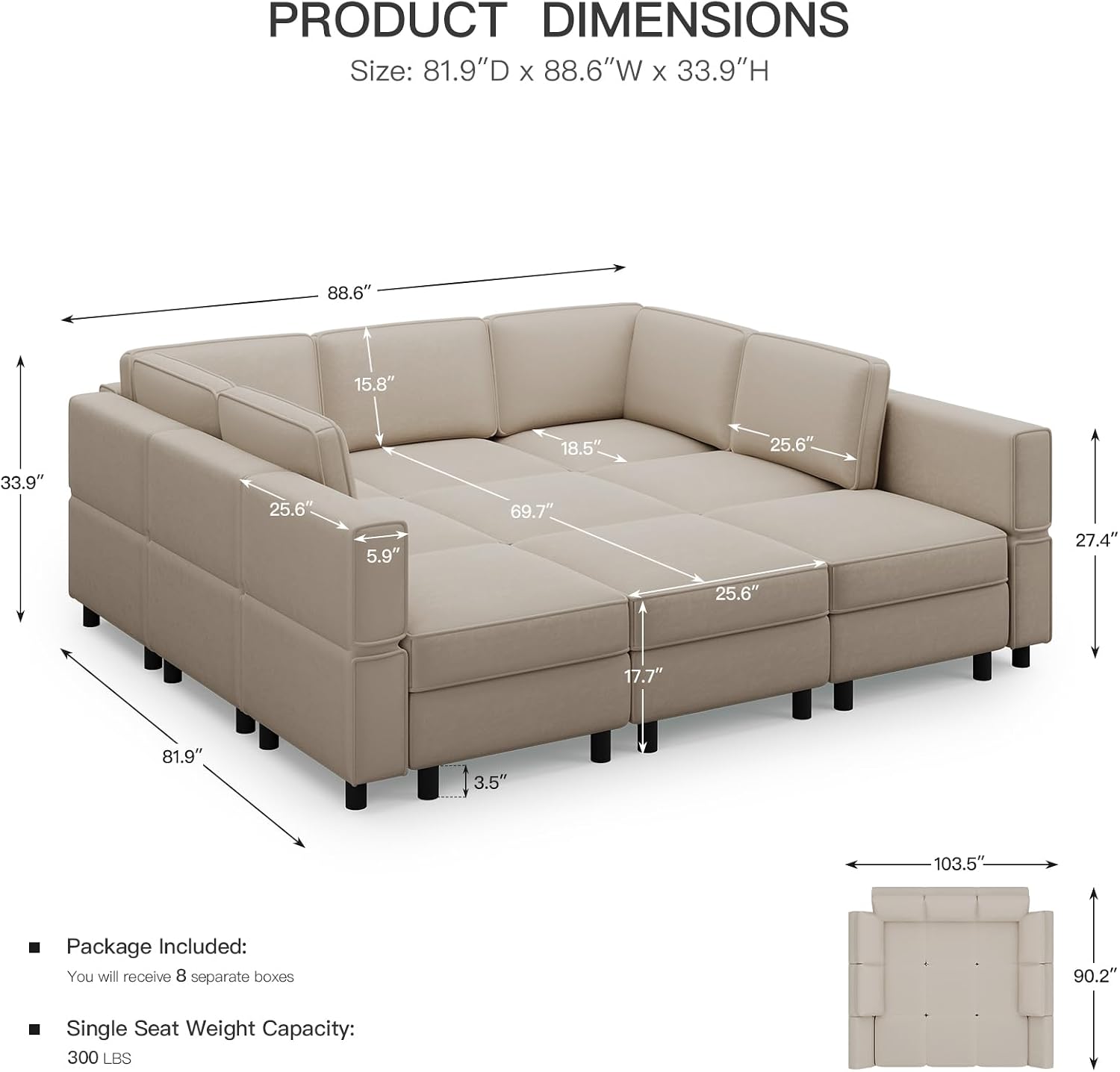 Belffin 88.6' 9 Seat Modular Sectional Sofa,Comfy Couch with Deep Storage Seat,Convertible Modular Sleeper Sofa with Movable Ottoman Chaise,Upholstered Sectional Couches for Living Room,Grey Velvet