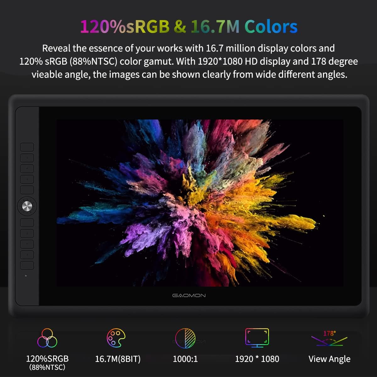 GAOMON PD156Pro - 15.6' Drawing Tablet with Screen Full-Laminated 120% sRGB Pen Display with Dial Key & 10 Hotkeys, Battery-Free Stylus Art Tablet for Digital Drawing, Anime, Sketch, Graphic Design