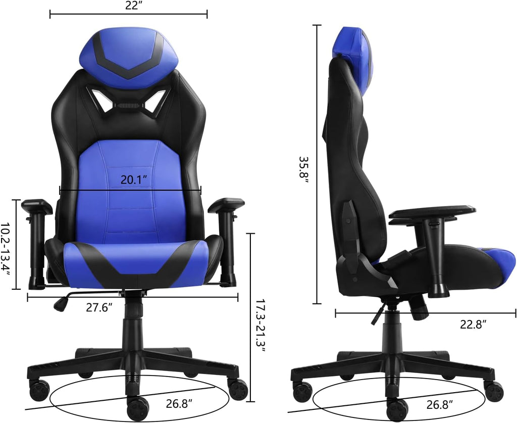 Modern-Depo Video Gaming Chair with 360°-Swivel Seat and Headrest | High-Density Memory Foam Ergonomic Office Chair, Big and Tall Computer Chair for Home, Office, Blue Black