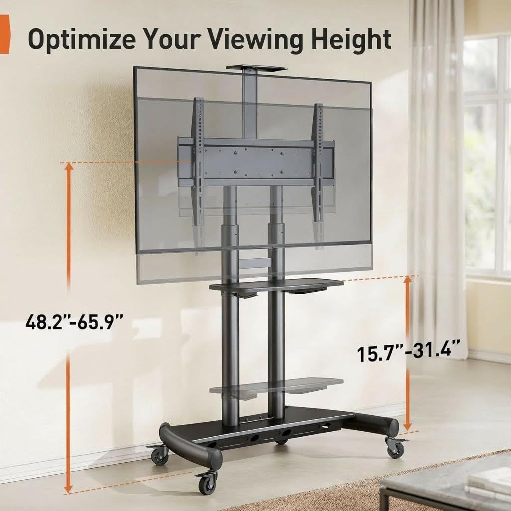 Perlegear Rolling TV Stand, Portable TV Stand on Wheels for 55-90 Inch Screens up to 200 lbs, Adjustable Mobile TV Cart with AV Shelf & Camera Shelf, Outdoor Tv Stand Max VESA 800x500mm, PGTVMC07