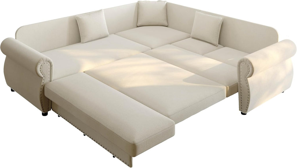 88.2'' Pull Out Couch Bed King, L Shaped Convertible Sleeper Sofa, 4-seater Couches with Rivet Armrests, 3 Pillows, Chenille Upholstery, Futon Sofa Bed for Living Room, Apartment, Office, Beige