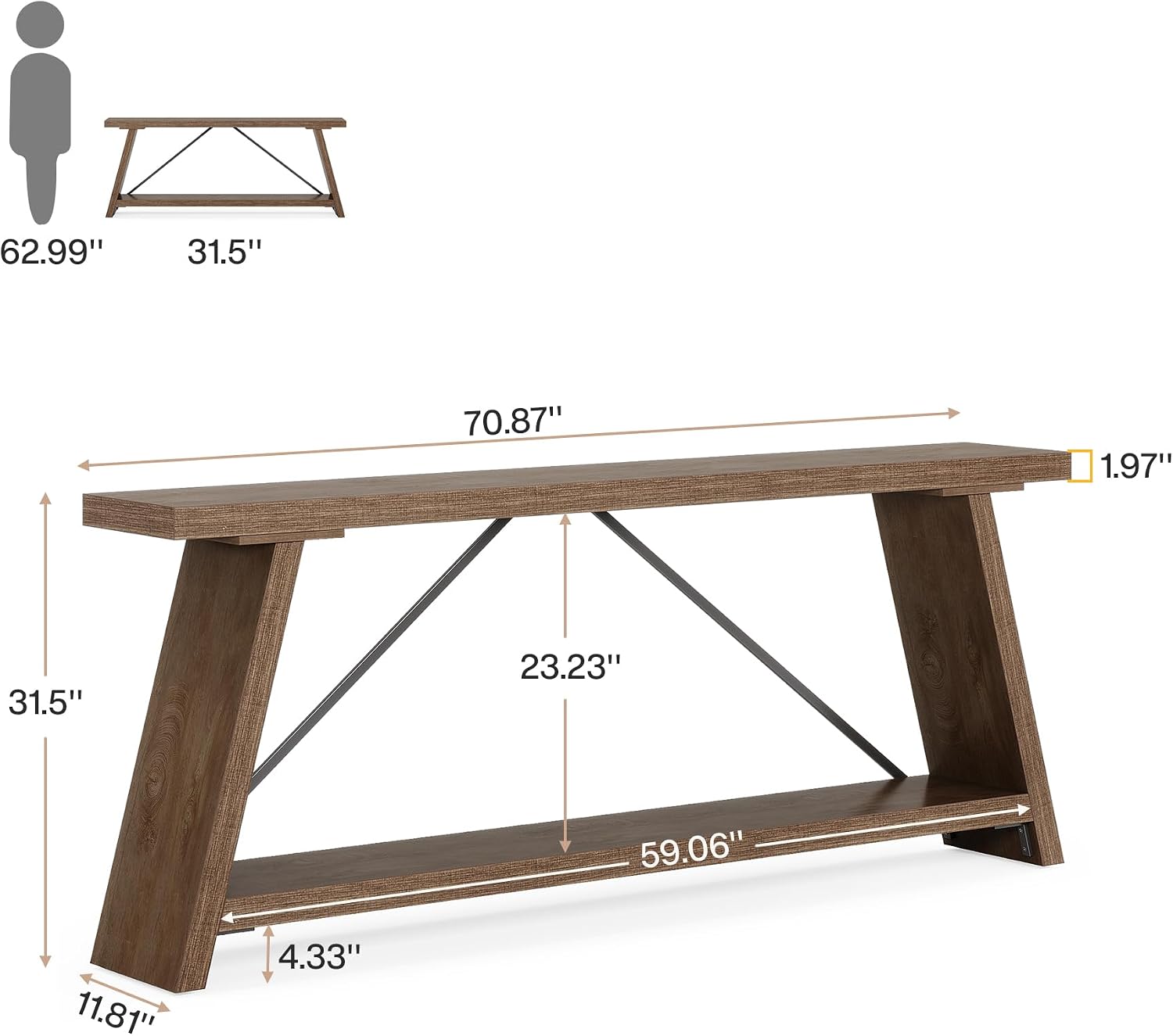 Tribesigns 70.9 Inches Extra Long Sofa Table Behind Couch, Industrial Entry Console Table with Storage for Hallway, Entryway, Living Room, Light Natural Brown
