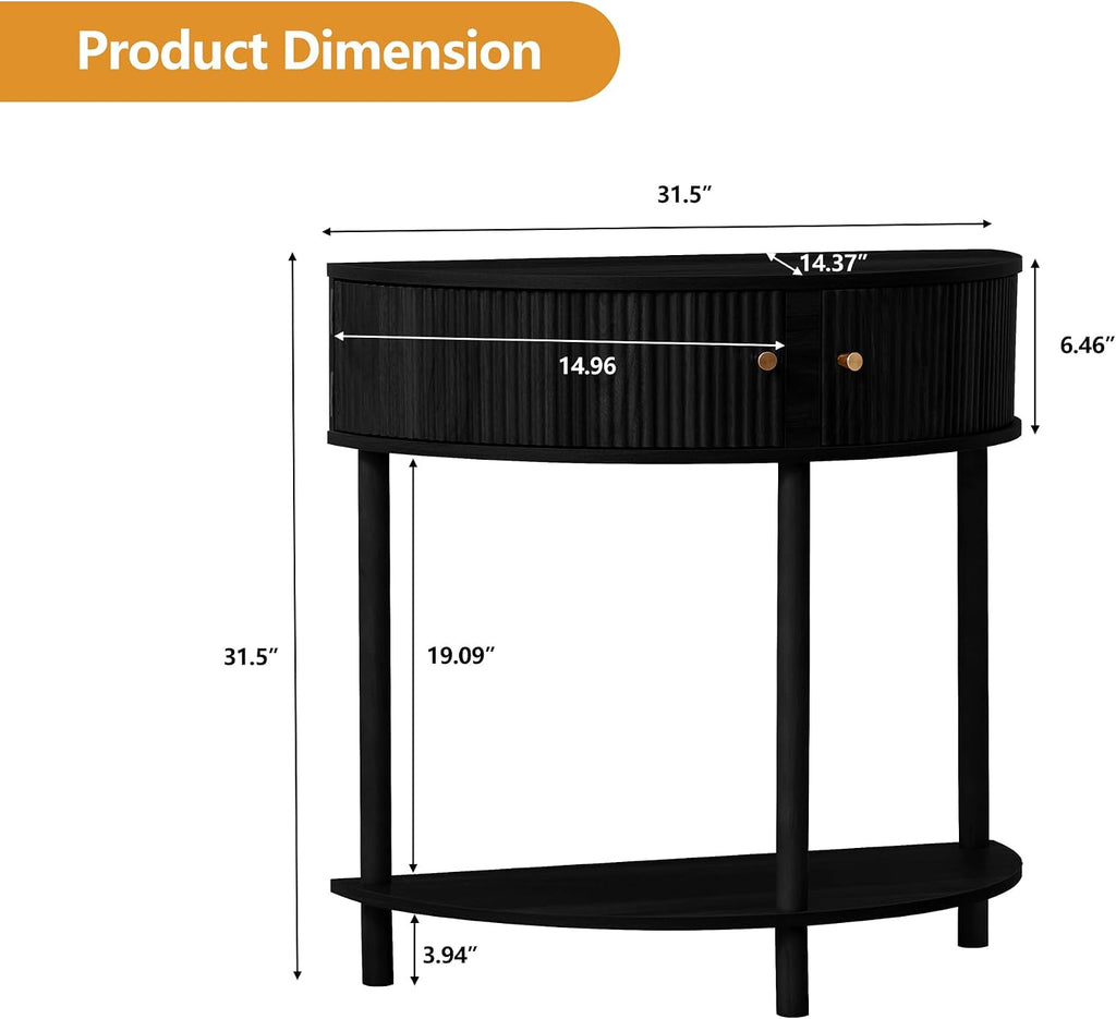 XUZENEST Fluted Half Moon Console Table, Modern Small Entry Table Sofa Table with Storage, Solid Wood Legs Narrow Entryway Table for Living Room, Hallway, Foyer(Black)