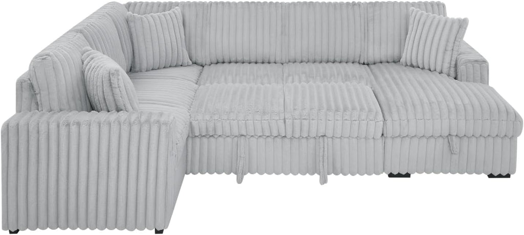 THSUPER 122-Inch Oversized U Shaped Plush Corduroy Fluffy Sectional Sleeper Sofa with Pull Out Bed, Storage Chaise Lounge and USB Charging Port - Gray