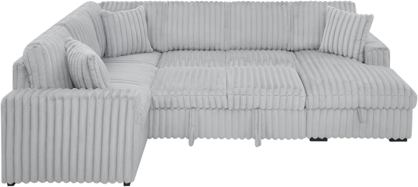 THSUPER 122-Inch Oversized U Shaped Plush Corduroy Fluffy Sectional Sleeper Sofa with Pull Out Bed, Storage Chaise Lounge and USB Charging Port - Gray