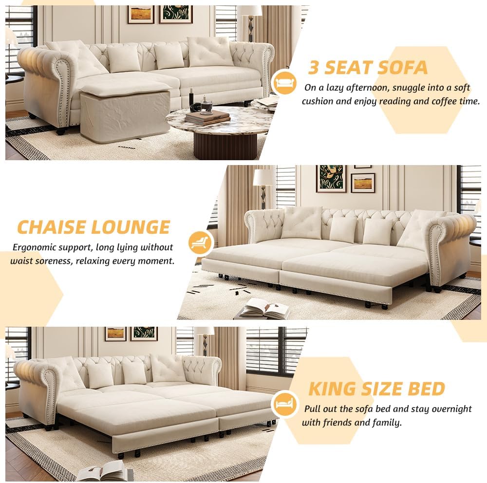 89'' Pull Out Sofa Bed King, Chesterfield Velvet Sleeper Sofa, Convertible L-Shaped Futon Couch, Tufted Back, 4 Pillows, Ottoman, Deep Seat Loveseat Couches for Living Room, Apartment, Beige
