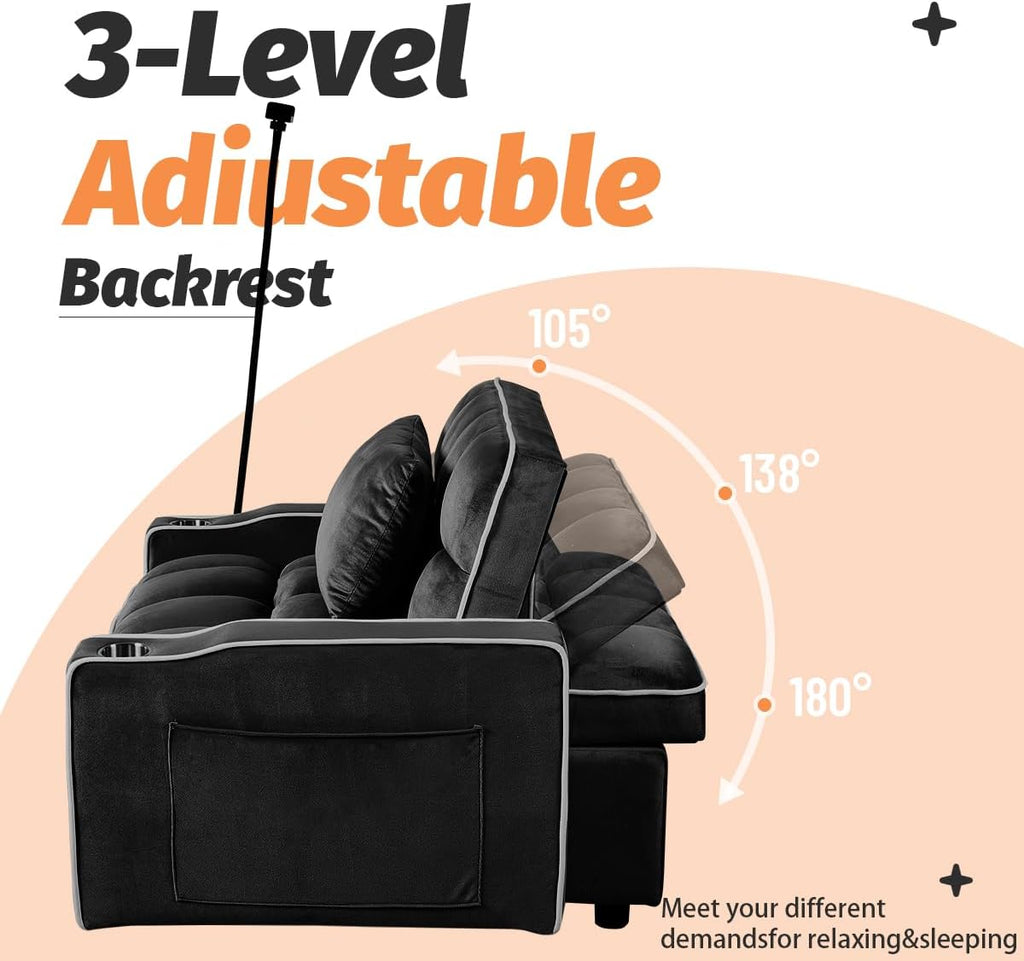 Majnesvon Modern Velvet Fabric Sofa Bed Futon,3 in 1 Convertible Pullout Bed Couches with 3 Reclining Backrests,Phone Stand,Small Sofa Single Sleeper Chair Bed for Living Room Bedroom (Black)