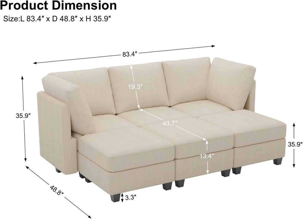 Belffin Modular Sectional Sleeper Sofa with Storage Seat 6 Seat Sectional Sleeper Sofa Bed Corduroy Convertible Sectional Couch with Reversible Chaise Beige Modular Couch for Living Room