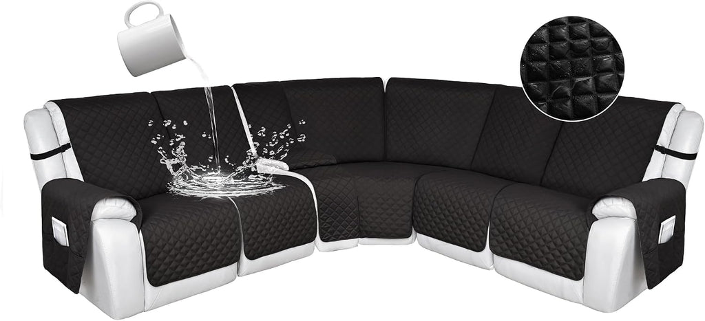 HDCAXKJ 100% Waterproof Reclining Sectional Couch Covers L Shape Recliner Sofa Cover Washable Quilted Soft Pet Dog Corner Recliner Slipcovers with Pockets (5 Seat and 1 Middle Console, Black)