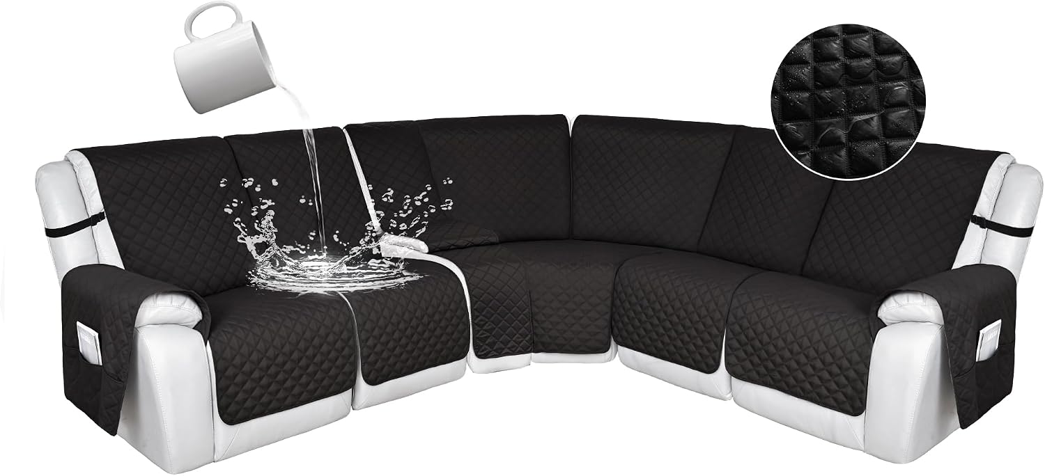 HDCAXKJ 100% Waterproof Reclining Sectional Couch Covers L Shape Recliner Sofa Cover Washable Quilted Soft Pet Dog Corner Recliner Slipcovers with Pockets (5 Seat and 1 Middle Console, Black)