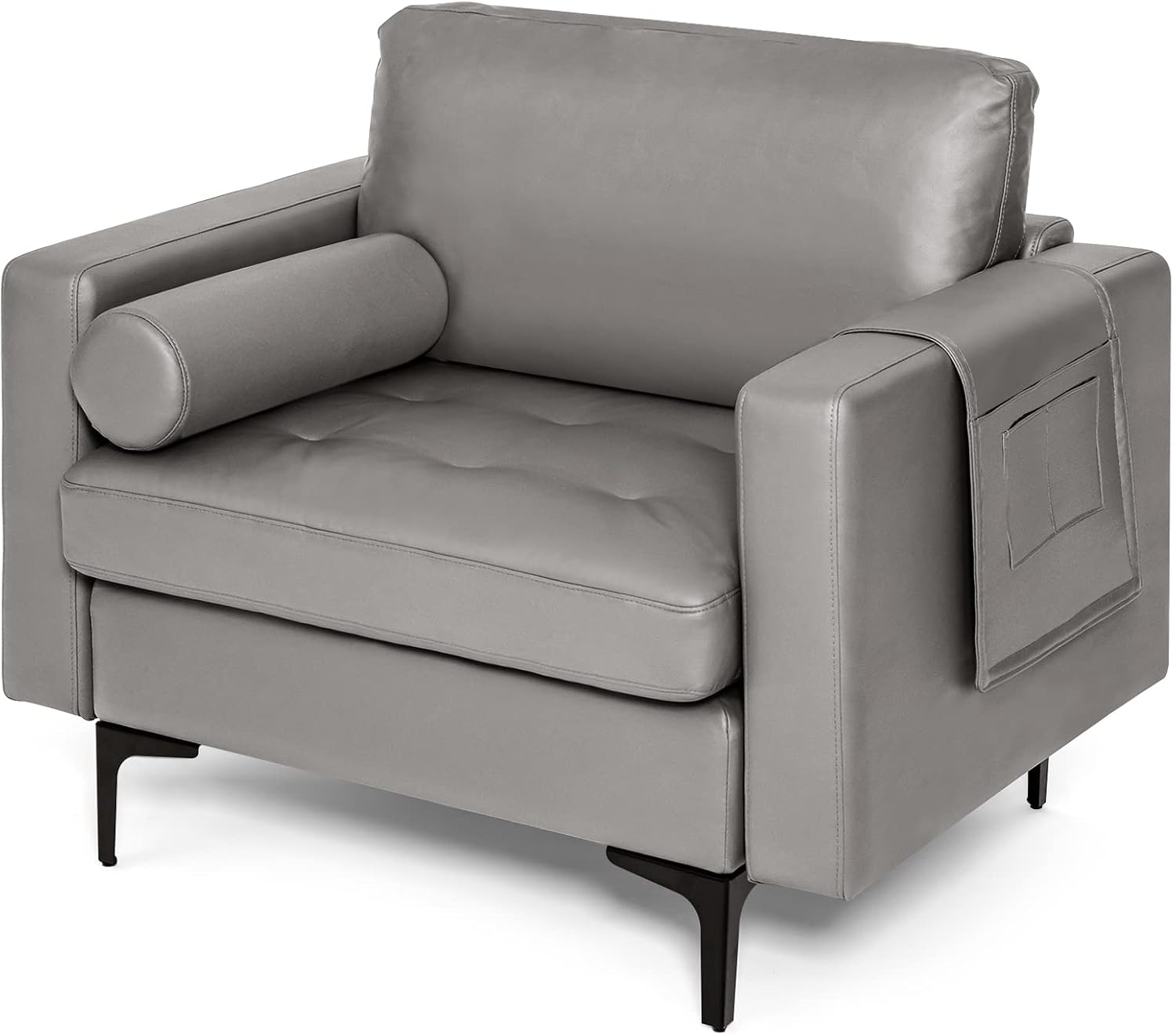 Giantex Single Sofa, Accent Chair, Armchair w/Comfy Cushion Bolster, Armrest Magazine Caddy Pockets, Living Room Upholstered Leisure Chair for Bedroom Reception Room Dark Grey