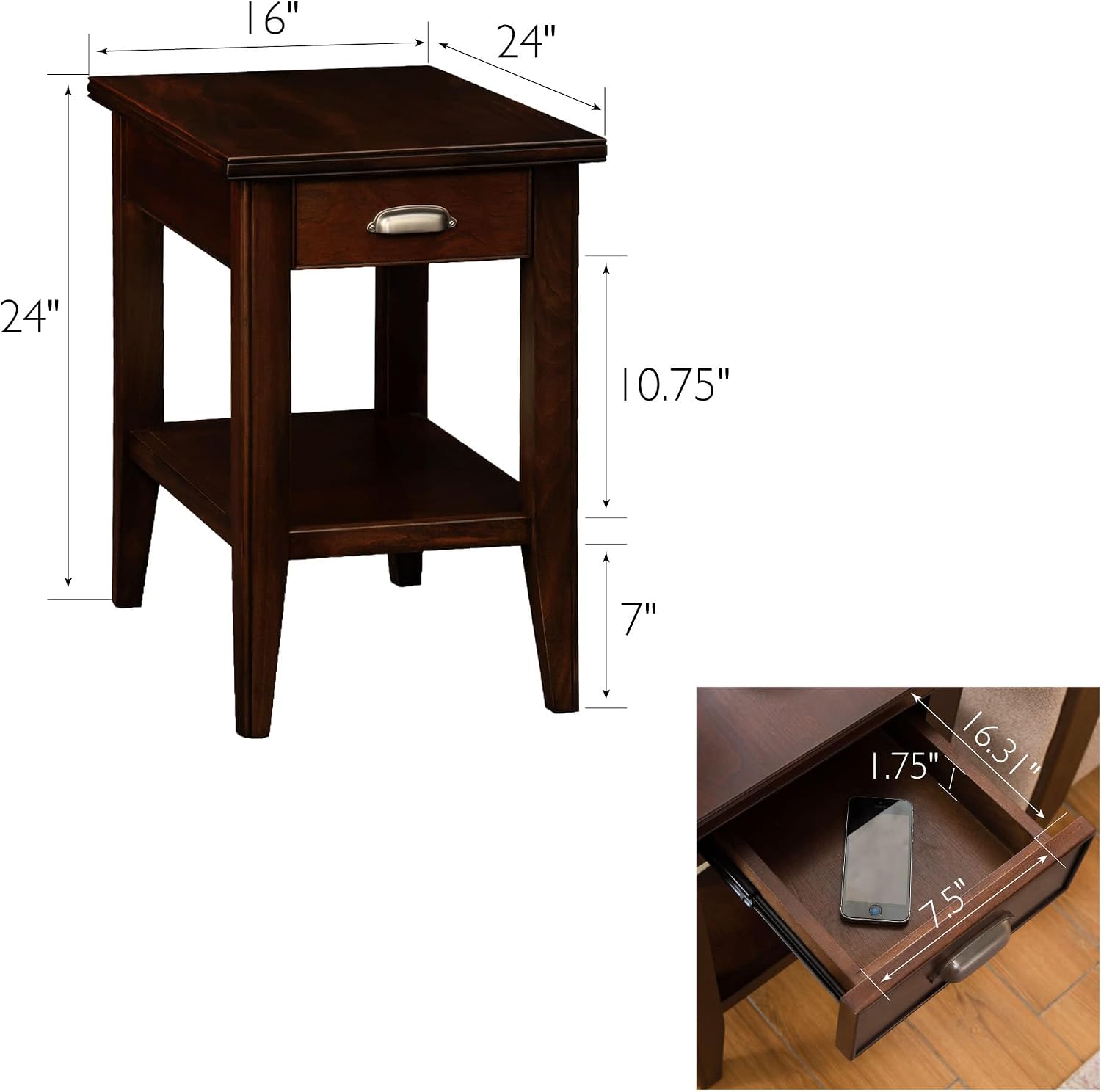 Leick Home Laurent Narrow End Table, with Drawer and Shelf, for Living Rooms and Small Spaces, Chocolate Cherry, 10506