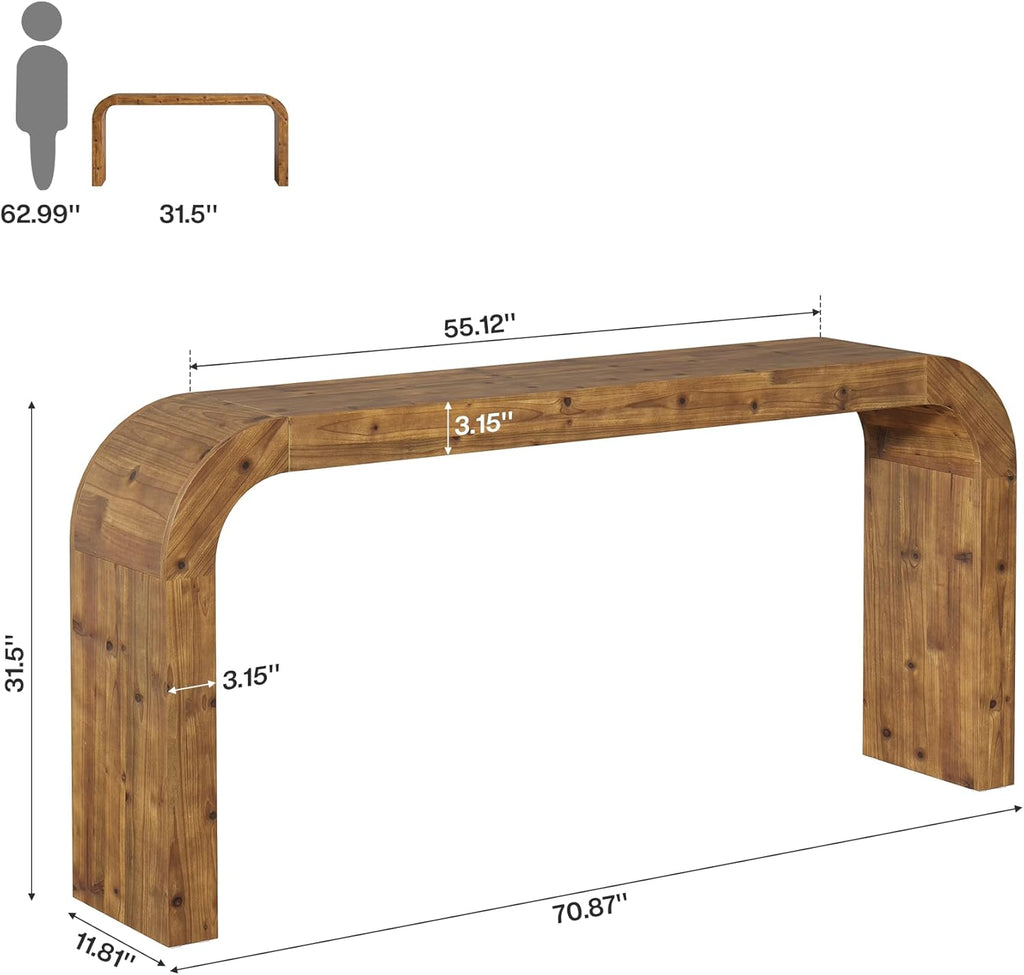 Solid Wood Console Table, 70.87-Inch Farmhouse Sofa Table with Waterfall Curved Corners for Hallway, Living Room, Behind Couch, Entrance (Natural Wood)