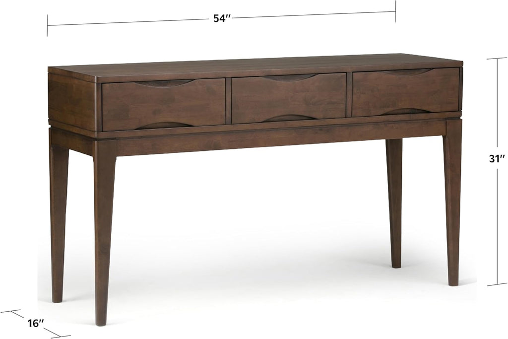 SIMPLIHOME Harper Console Table - 54 Inch Wide Solid Hardwood Sofa Table in Walnut Brown, Mid-Century Modern Storage Table for Entryway or Living Room with 3 Drawers, Notched Handles, and Tapered Legs
