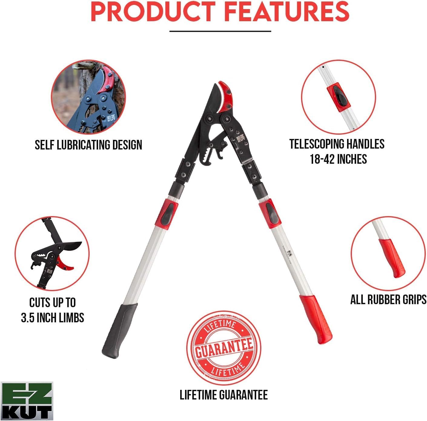 EZ Kut Tree Trimming Combo Kit – Includes 42' Extendable Ratcheting Lopper + Sling Pak Sheath + Bonus Replacement Blade – Heavy Duty Garden Tools Set, Pruning Shears for Thick Branches (Pink Pack)