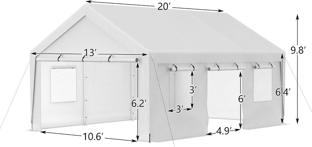 Aprilsoul Outdoor 13x20 FT Carport, Duty Canopy Storage Shed with Mesh Windows and Galvanized Steel Tube, All-Season Tarp, Wide Range of Appliaction for Car, Boat and Reunion, White