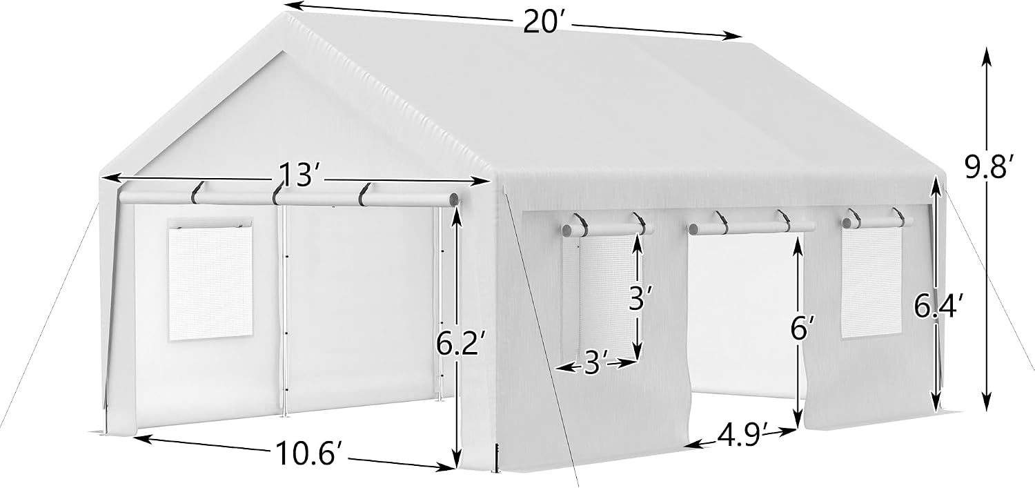 Aprilsoul Outdoor 13x20 FT Carport, Duty Canopy Storage Shed with Mesh Windows and Galvanized Steel Tube, All-Season Tarp, Wide Range of Appliaction for Car, Boat and Reunion, White