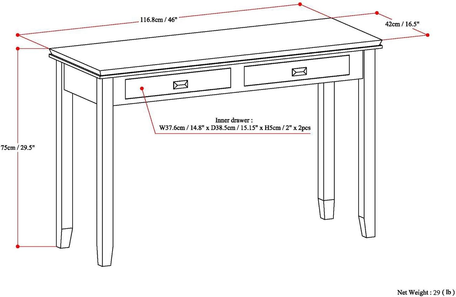SIMPLIHOME Artisan Console Table - 46 Inch Wide Solid Wood Sofa Table in Russet Brown, Transitional Storage Table for Entryway or Living Room with 2 Drawers and Clean Angle-Edged Top